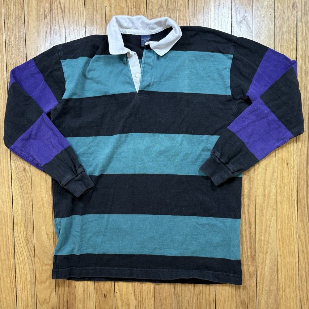 Vintage Lands End Rugby Shirt XL Striped Cotton Long Sleeve Polo Made in USA
